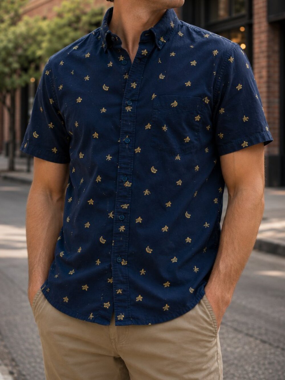 Denim & Flower Dark Blue Shirt with Yellow Patterns